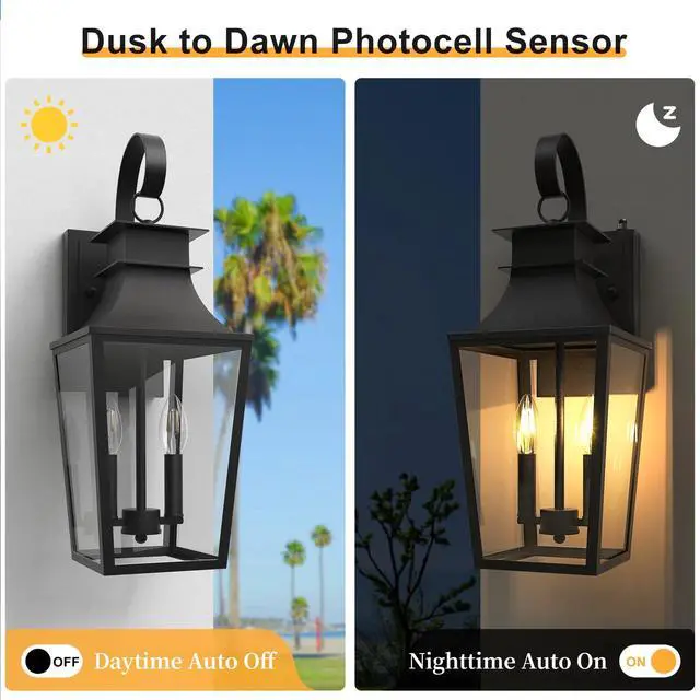 Alt view image 5 of 6 - 20.98-INCH Outdoor Wall Sconce 2-Light, Waterproof Exterior Light Fixtures Wall Mount Outside Light with Glass, Dusk to Dawn Outdoor Wall Lantern for Porch, House, Garage, Black