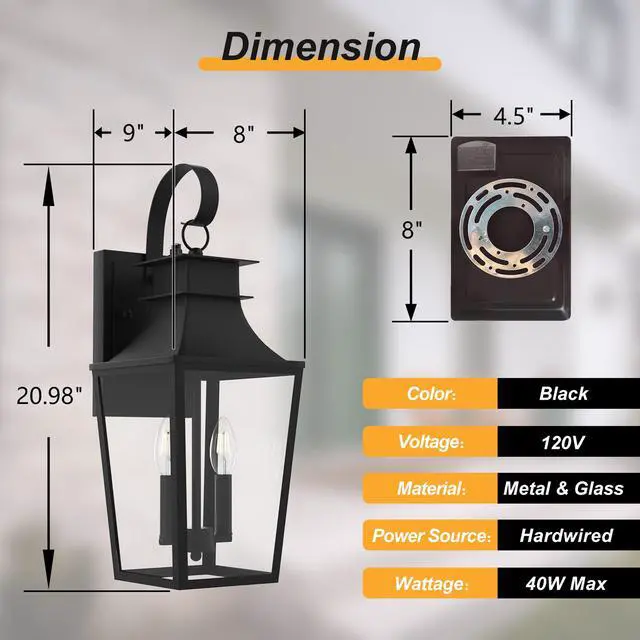Alt view image 6 of 6 - 20.98-INCH Outdoor Wall Sconce 2-Light, Waterproof Exterior Light Fixtures Wall Mount Outside Light with Glass, Dusk to Dawn Outdoor Wall Lantern for Porch, House, Garage, Black