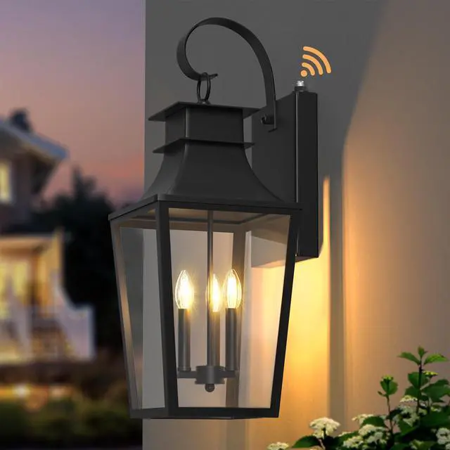 Main image of 26.4-INCH Large Outdoor Wall Lanterns 3-Light, Porch Light Dusk to Dawn Outdoor Lighting with Tempered Glass, Black Outside Lights for House Front Door Garage