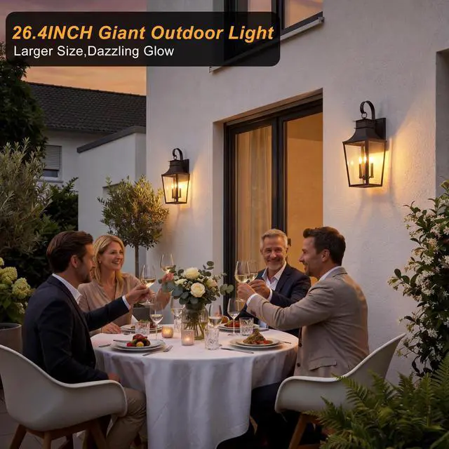 Alt view image 2 of 6 - 26.4-INCH Large Outdoor Wall Lanterns 3-Light, Porch Light Dusk to Dawn Outdoor Lighting with Tempered Glass, Black Outside Lights for House Front Door Garage
