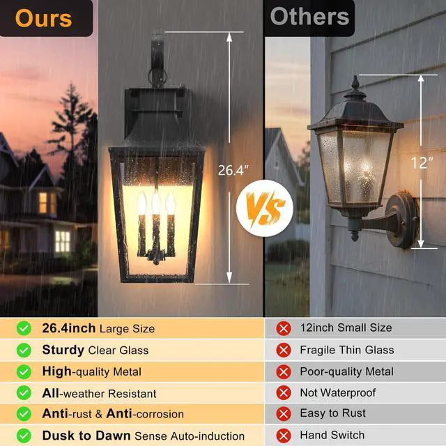 Alt view image 3 of 6 - 26.4-INCH Large Outdoor Wall Lanterns 3-Light, Porch Light Dusk to Dawn Outdoor Lighting with Tempered Glass, Black Outside Lights for House Front Door Garage