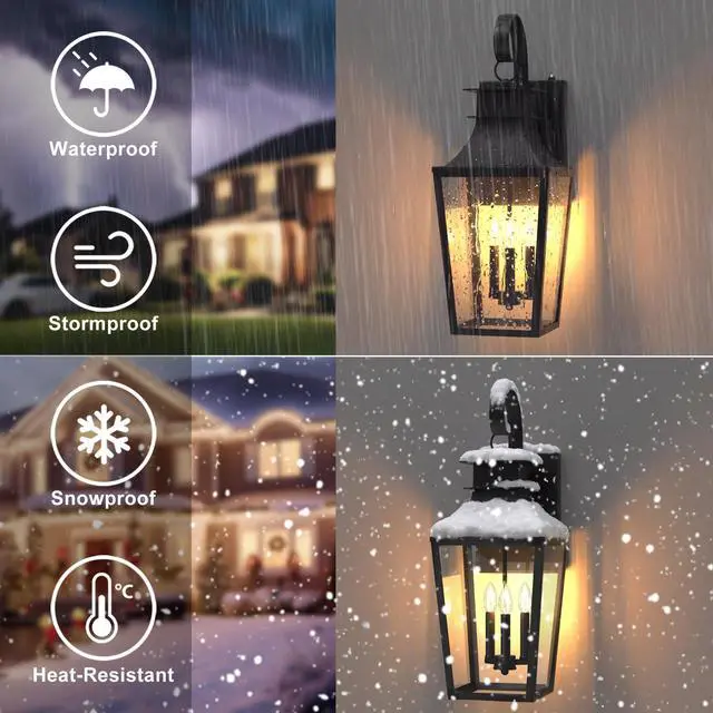 Alt view image 4 of 6 - 26.4-INCH Large Outdoor Wall Lanterns 3-Light, Porch Light Dusk to Dawn Outdoor Lighting with Tempered Glass, Black Outside Lights for House Front Door Garage