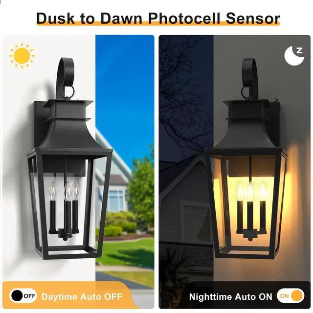 Alt view image 5 of 6 - 26.4-INCH Large Outdoor Wall Lanterns 3-Light, Porch Light Dusk to Dawn Outdoor Lighting with Tempered Glass, Black Outside Lights for House Front Door Garage