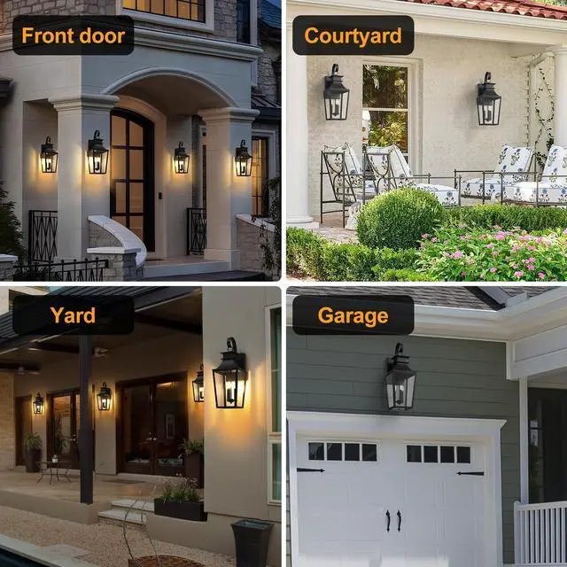 Alt view image 6 of 6 - 26.4-INCH Large Outdoor Wall Lanterns 3-Light, Porch Light Dusk to Dawn Outdoor Lighting with Tempered Glass, Black Outside Lights for House Front Door Garage