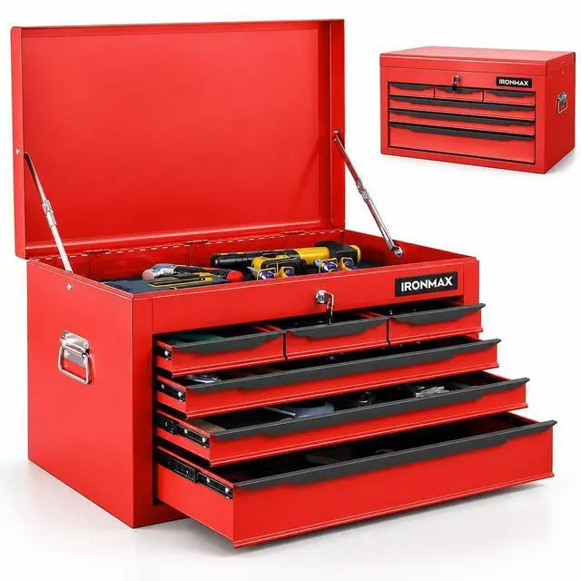 Main image of Large Metal Tool Box, Tool Box with 6 Drawers & Top Tray, Heavy-Duty Steel Tool Chest with Auto-Locking Drawers and Side Handles for Garage & Workbench, Red