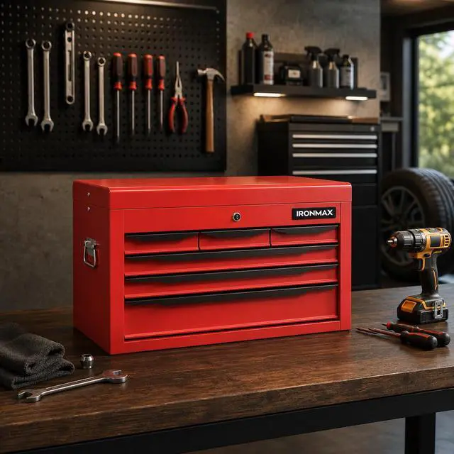 Alt view image 2 of 6 - Large Metal Tool Box, Tool Box with 6 Drawers & Top Tray, Heavy-Duty Steel Tool Chest with Auto-Locking Drawers and Side Handles for Garage & Workbench, Red