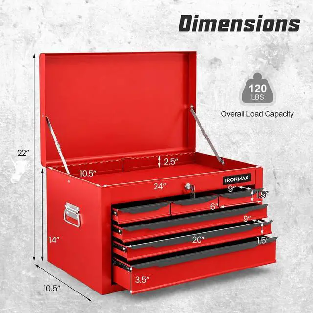 Alt view image 3 of 6 - Large Metal Tool Box, Tool Box with 6 Drawers & Top Tray, Heavy-Duty Steel Tool Chest with Auto-Locking Drawers and Side Handles for Garage & Workbench, Red