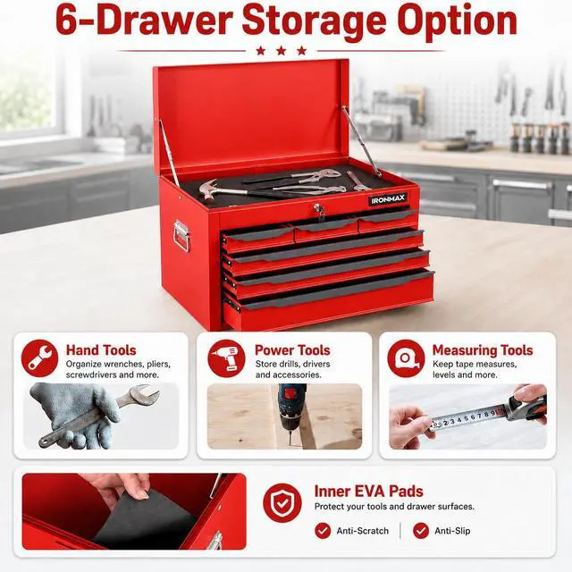 Alt view image 4 of 6 - Large Metal Tool Box, Tool Box with 6 Drawers & Top Tray, Heavy-Duty Steel Tool Chest with Auto-Locking Drawers and Side Handles for Garage & Workbench, Red