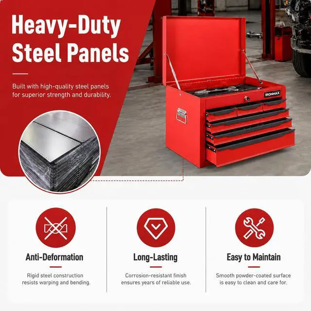 Alt view image 6 of 6 - Large Metal Tool Box, Tool Box with 6 Drawers & Top Tray, Heavy-Duty Steel Tool Chest with Auto-Locking Drawers and Side Handles for Garage & Workbench, Red