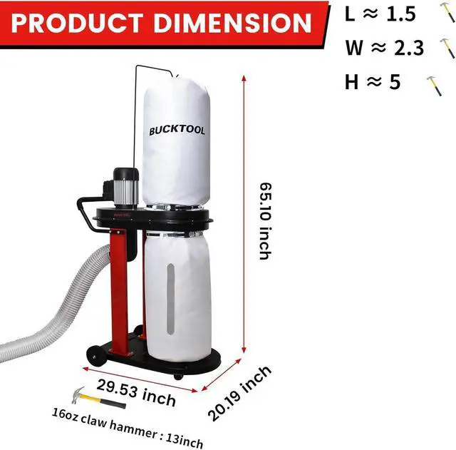 Alt view image 2 of 6 - 1.2HP Auto-Start Dust Collector, Woodworking Dust Extraction with 3 Bags, 5.4-Cubic-Foot Capacity, 5-Piece Reducer & 5ft Flexible Hose
