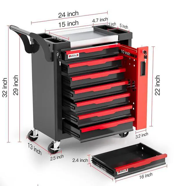 Alt view image 3 of 6 - 7-Drawer Tool Chest with Wheels, Rolling Tool Chest with Side Drawer,Tool Cabinet Drawers lockable,Tool Cart with Top compartment,for Garage Storage,Workshop,Home,Safety Rounded Corner Anti-collision