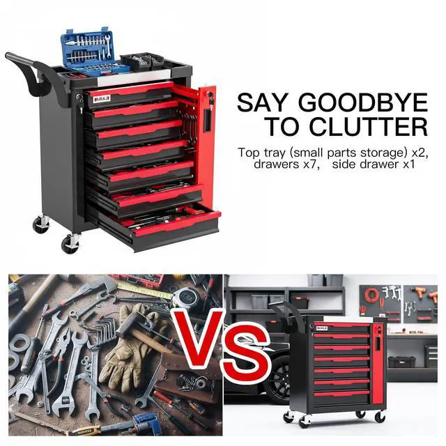 Alt view image 4 of 6 - 7-Drawer Tool Chest with Wheels, Rolling Tool Chest with Side Drawer,Tool Cabinet Drawers lockable,Tool Cart with Top compartment,for Garage Storage,Workshop,Home,Safety Rounded Corner Anti-collision