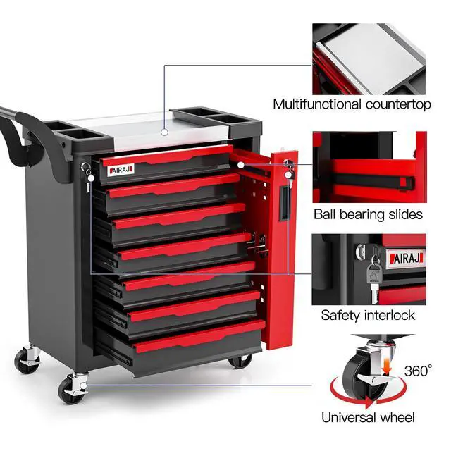 Alt view image 5 of 6 - 7-Drawer Tool Chest with Wheels, Rolling Tool Chest with Side Drawer,Tool Cabinet Drawers lockable,Tool Cart with Top compartment,for Garage Storage,Workshop,Home,Safety Rounded Corner Anti-collision