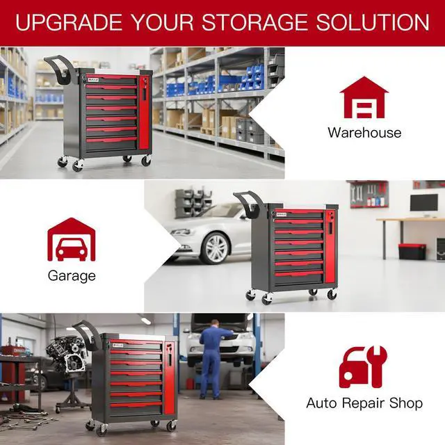 Alt view image 6 of 6 - 7-Drawer Tool Chest with Wheels, Rolling Tool Chest with Side Drawer,Tool Cabinet Drawers lockable,Tool Cart with Top compartment,for Garage Storage,Workshop,Home,Safety Rounded Corner Anti-collision