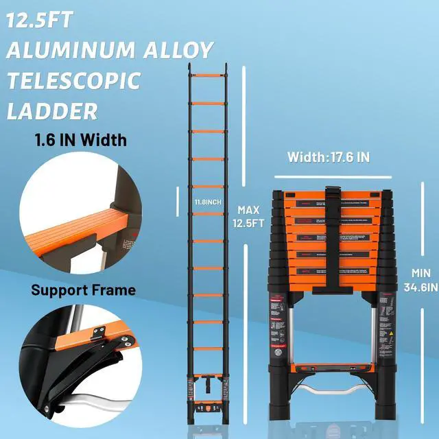 Alt view image 2 of 6 - Telescopic Ladder,12.5 FT Extension Ladder,Aluminum Ladder for RV Home Outdoor, 330lbs Max Capacity, One Bottom Retraction Ladder