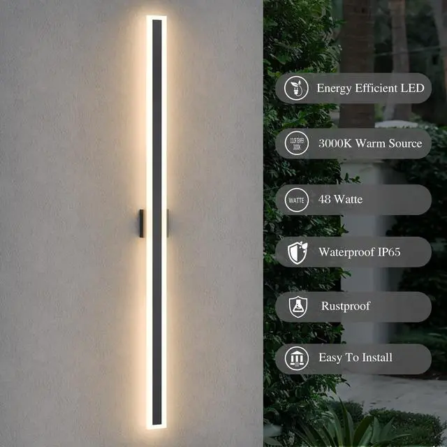 Alt view image 2 of 6 - 63 Inch Long Outdoor Wall Lights Modern Exterior Lighting Fixtures for House, Waterproof 3000K 48W 2400LM LED Linear Outdoor Wall Sconces Lighting for Porch Patio Garage Door Yard Indoor