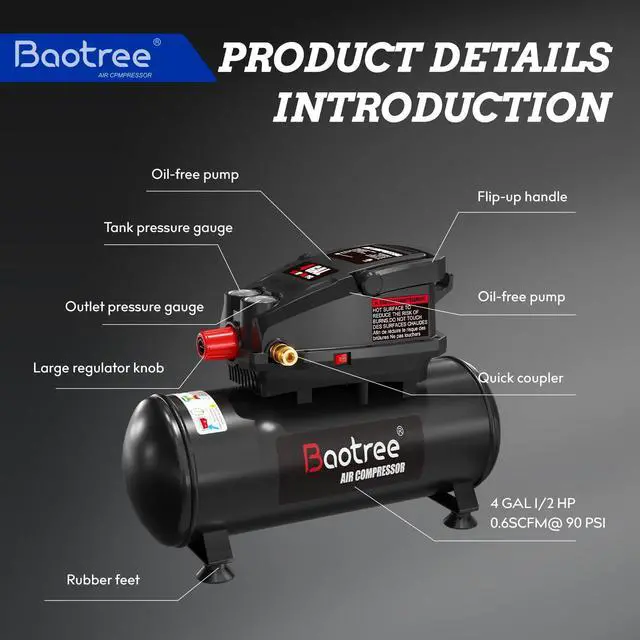 Alt view image 4 of 6 - 4 Gallon Portable Air Compressor, 0.5HP Motor 0.6SCFM@90 PSI,1.0SCFM@40PSl Max 110PSI Oil Free Air Compressor Tank, Garage Air Compressors for Car Repair, Spray Painting, Woodwork Nailing