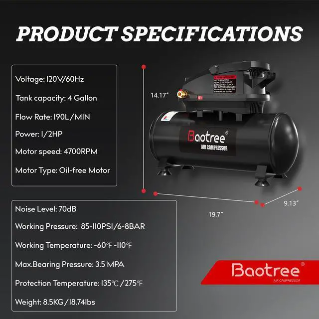 Alt view image 5 of 6 - 4 Gallon Portable Air Compressor, 0.5HP Motor 0.6SCFM@90 PSI,1.0SCFM@40PSl Max 110PSI Oil Free Air Compressor Tank, Garage Air Compressors for Car Repair, Spray Painting, Woodwork Nailing