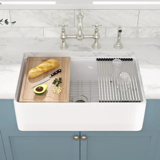 Alt view image 2 of 6 - White Farmhouse Sink - 33 Inch Fireclay Farm Kitchen Sink Undermount Workstation 33x20 Inch Single Bowl Apron Front Ceramic Farmer Barn Sinks Basin with Accessories