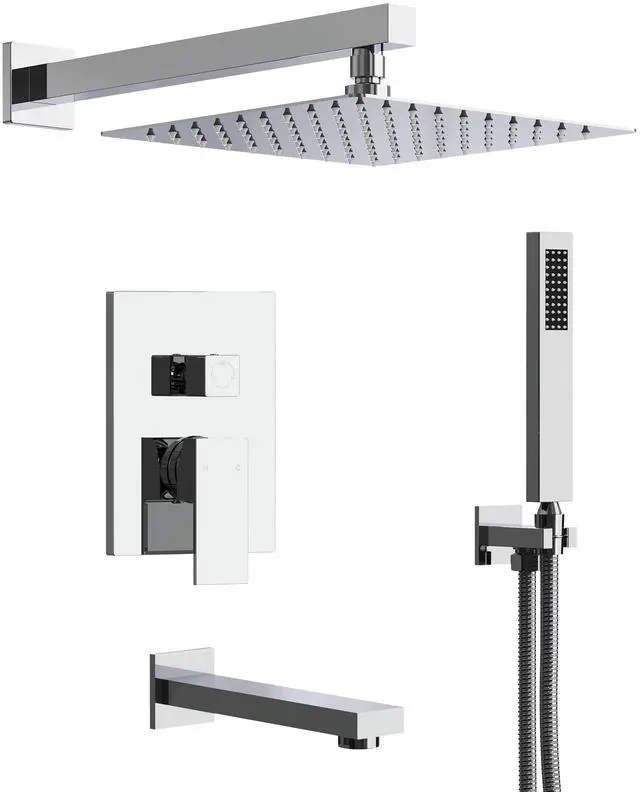 Main image of Shower Tub Faucet Set, 10" Bathroom Rainfall Shower Head Fixtures Combo with Handheld Spray and Tub Spout, Chrome (Valve Included)