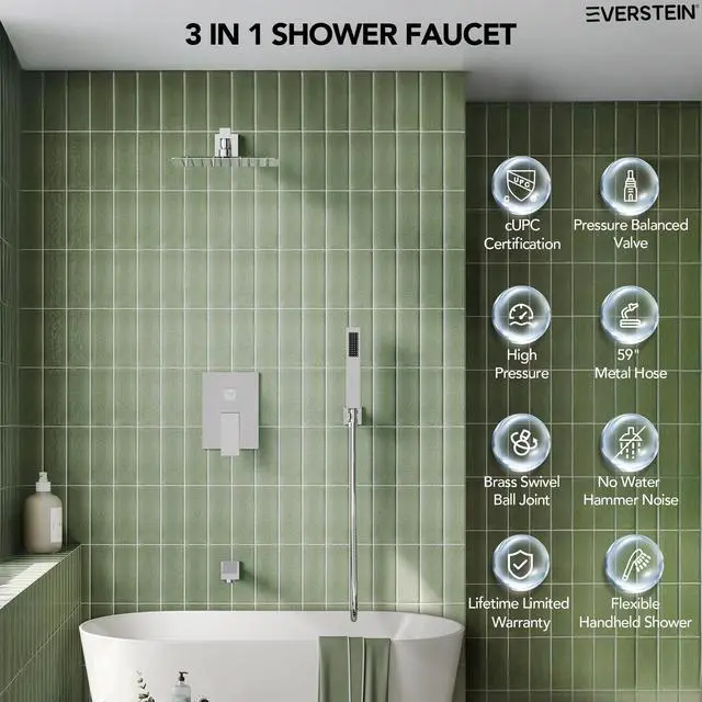 Alt view image 5 of 6 - Shower Tub Faucet Set, 10" Bathroom Rainfall Shower Head Fixtures Combo with Handheld Spray and Tub Spout, Chrome (Valve Included)
