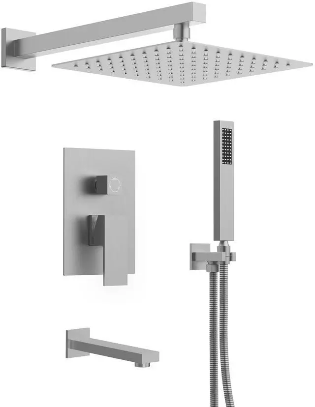 Main image of Shower Tub Faucet Set, 10" Bathroom Rainfall Shower Head Fixtures Combo with Handheld Spray and Tub Spout, Brushed Nickel (Valve Included)
