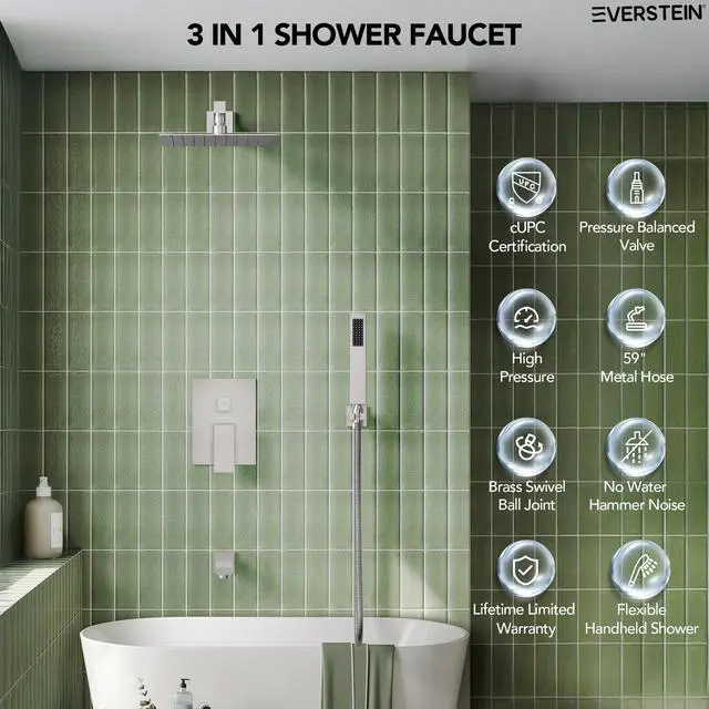 Alt view image 2 of 6 - Shower Tub Faucet Set, 10" Bathroom Rainfall Shower Head Fixtures Combo with Handheld Spray and Tub Spout, Brushed Nickel (Valve Included)