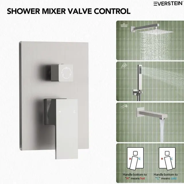 Alt view image 3 of 6 - Shower Tub Faucet Set, 10" Bathroom Rainfall Shower Head Fixtures Combo with Handheld Spray and Tub Spout, Brushed Nickel (Valve Included)