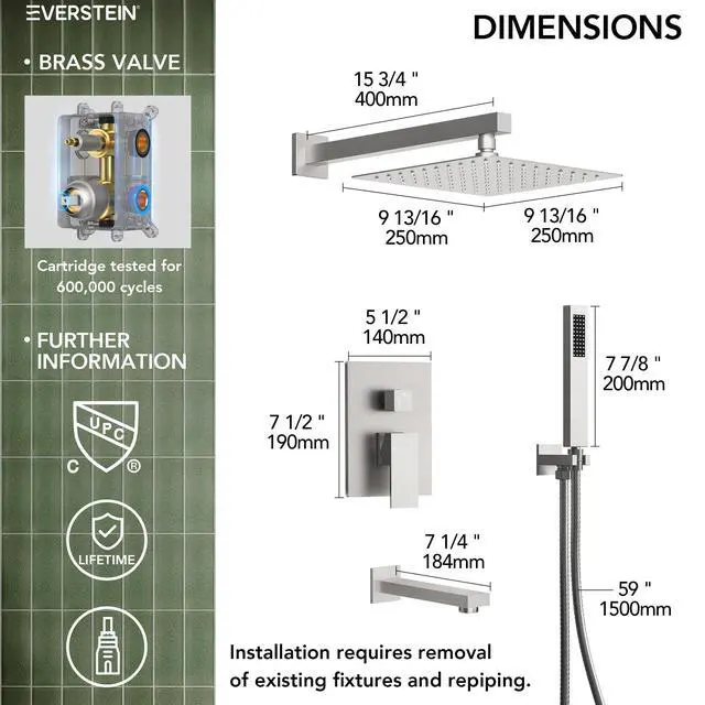 Alt view image 6 of 6 - Shower Tub Faucet Set, 10" Bathroom Rainfall Shower Head Fixtures Combo with Handheld Spray and Tub Spout, Brushed Nickel (Valve Included)
