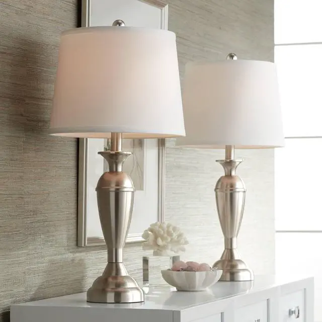 Main image of Blair Traditional 3-Way Table Lamps 25" Tall Set of 2 with Dimmers Brushed Nickel Metal Candlestick White Fabric Drum Shade for Bedroom Living Room House Bedside