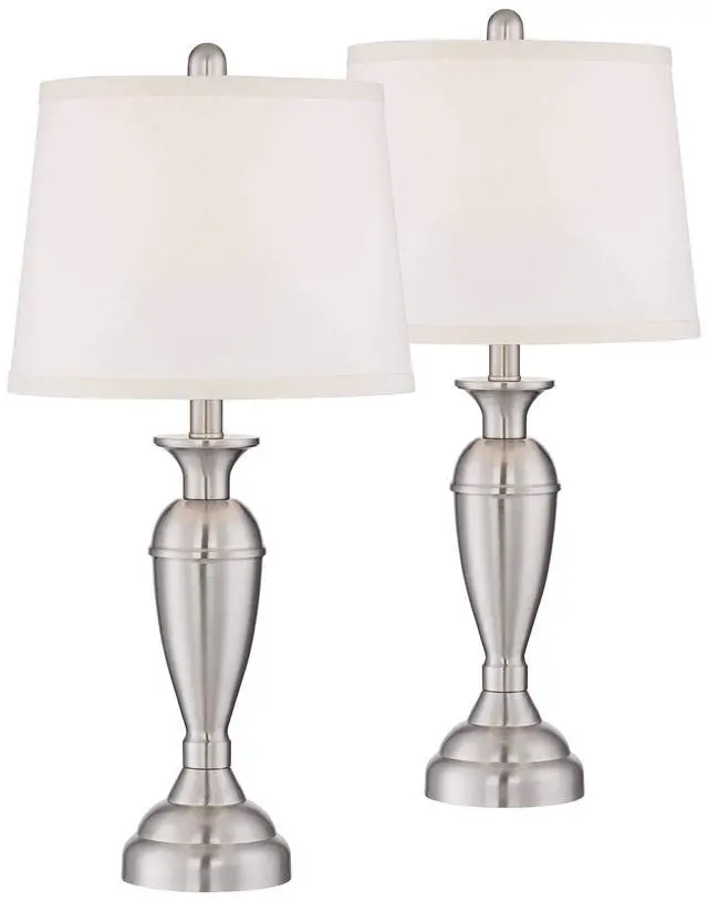 Alt view image 2 of 6 - Blair Traditional 3-Way Table Lamps 25" Tall Set of 2 with Dimmers Brushed Nickel Metal Candlestick White Fabric Drum Shade for Bedroom Living Room House Bedside