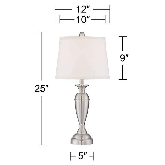 Alt view image 4 of 6 - Blair Traditional 3-Way Table Lamps 25" Tall Set of 2 with Dimmers Brushed Nickel Metal Candlestick White Fabric Drum Shade for Bedroom Living Room House Bedside