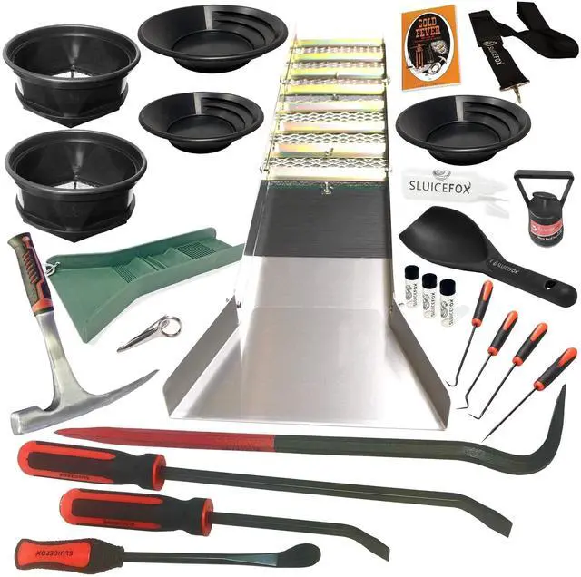 Main image of Complete Gold Mining Kit; Folding 50 inch Gold Sluice Box; Gold Prospecting Equipment; Rock Pick Hammer; Gold Classifiers; Pay Dirt Scoop; Crevice Tools and More Gold Mining