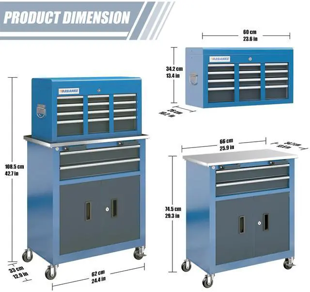 Alt view image 2 of 6 - 8-Drawer Rolling Tool Chest with Wheels and Door,Tool Box with Sliding Drawer,Stainless Steel Countertop Tool Chest,can Form Large Workbench,for Garage Workship