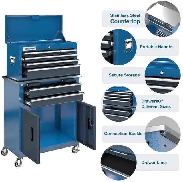Alt view image 3 of 6 - 8-Drawer Rolling Tool Chest with Wheels and Door,Tool Box with Sliding Drawer,Stainless Steel Countertop Tool Chest,can Form Large Workbench,for Garage Workship