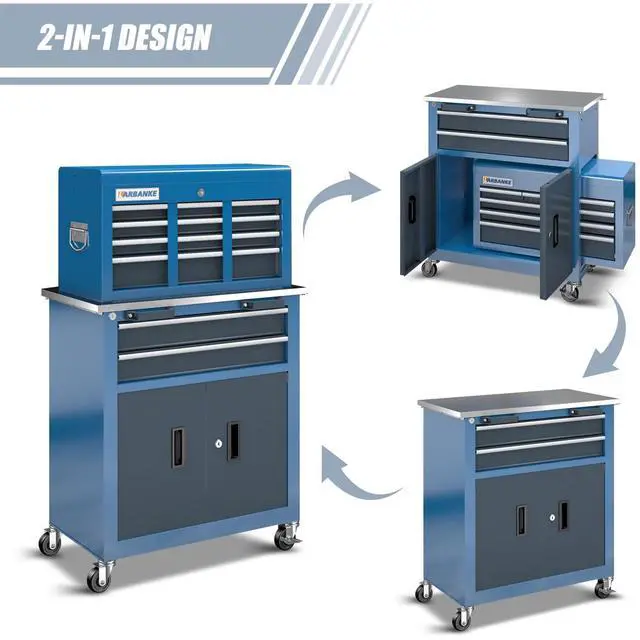 Alt view image 5 of 6 - 8-Drawer Rolling Tool Chest with Wheels and Door,Tool Box with Sliding Drawer,Stainless Steel Countertop Tool Chest,can Form Large Workbench,for Garage Workship