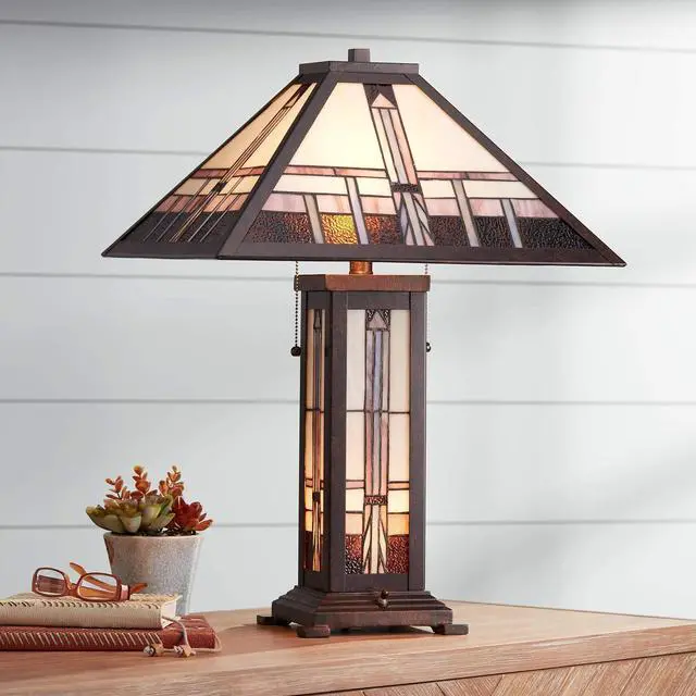 Main image of Alfred Mission Tiffany Style Table Lamp with Nightlight 26" High Bronze Metal Antique Stained Glass Shade Cottage Core Decor for Living Room Bedroom House (Color May Vary)