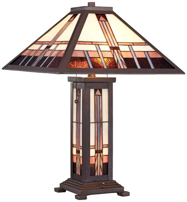 Alt view image 2 of 6 - Alfred Mission Tiffany Style Table Lamp with Nightlight 26" High Bronze Metal Antique Stained Glass Shade Cottage Core Decor for Living Room Bedroom House (Color May Vary)