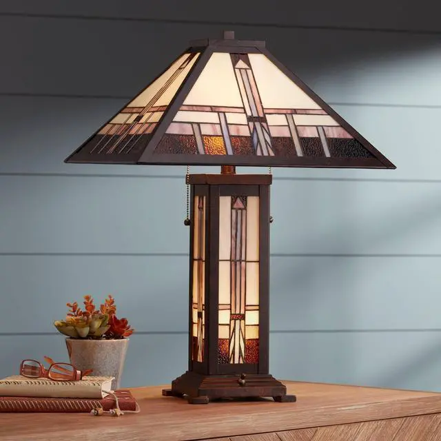 Alt view image 3 of 6 - Alfred Mission Tiffany Style Table Lamp with Nightlight 26" High Bronze Metal Antique Stained Glass Shade Cottage Core Decor for Living Room Bedroom House (Color May Vary)