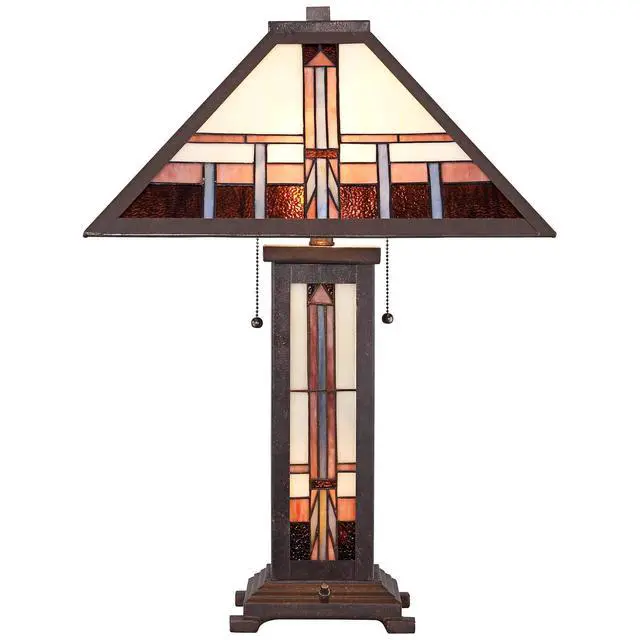 Alt view image 6 of 6 - Alfred Mission Tiffany Style Table Lamp with Nightlight 26" High Bronze Metal Antique Stained Glass Shade Cottage Core Decor for Living Room Bedroom House (Color May Vary)