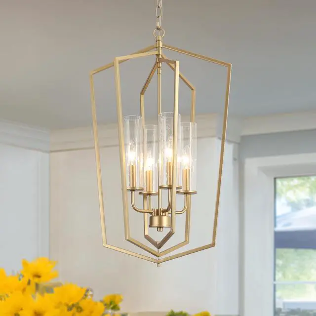 Main image of Gold Chandeliers, Geometric Lantern Pendant Chandelier with Seeded Glass, Modern 4 Light Chandelier Light Fixture for Kitchen Island, Entryway, Foyer