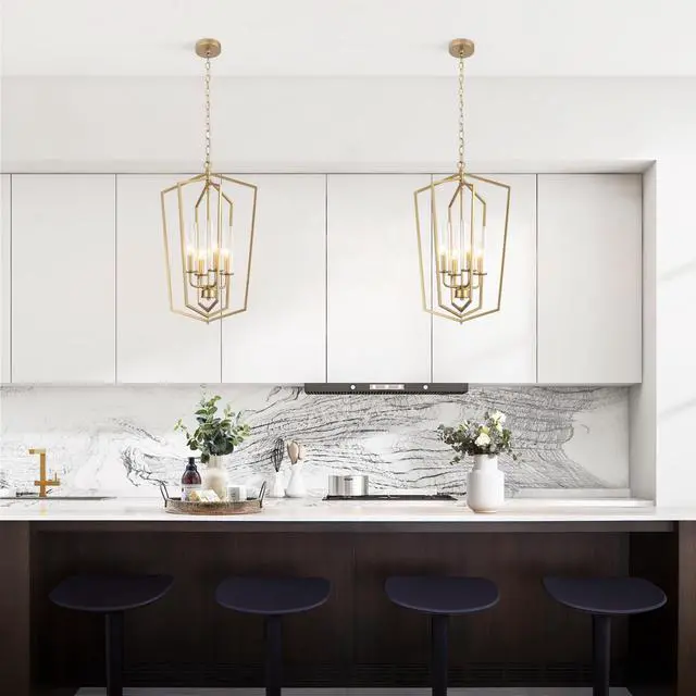 Alt view image 3 of 6 - Gold Chandeliers, Geometric Lantern Pendant Chandelier with Seeded Glass, Modern 4 Light Chandelier Light Fixture for Kitchen Island, Entryway, Foyer