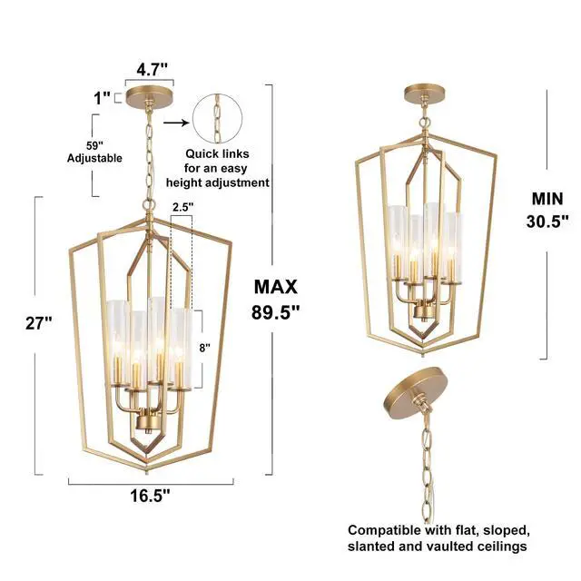 Alt view image 5 of 6 - Gold Chandeliers, Geometric Lantern Pendant Chandelier with Seeded Glass, Modern 4 Light Chandelier Light Fixture for Kitchen Island, Entryway, Foyer