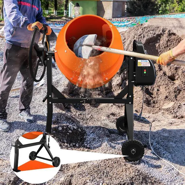 Alt view image 3 of 6 - Electric Cement Mixer, 4.3 Cu.Ft. 450W 3/5HP Portable Concrete Mixer Machine with Wheels & Stand Steel for Stucco, Mortar, Feed Mixing, Ideal for Construction & Farm Use, Orange