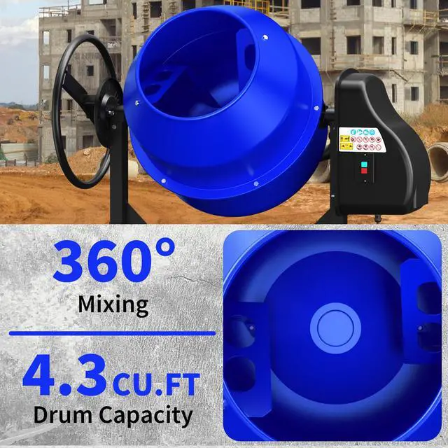 Alt view image 4 of 6 - 4.3 Cu.Ft. Concrete Mixer Machine, 450W 3/5HP Electric Cement Mixer Machine with Wheel and Stand, Portable Concrete Mixer for Stucco, Mortar, Feed -Blue
