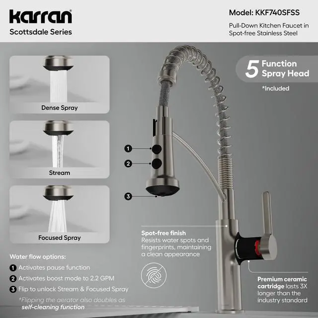 Alt view image 3 of 6 - Scottsdale Commercial-Style Pull-Down Kitchen Faucet, Single Handle High-Arc Design, Dual Interchangeable Spray Heads with 5-Function and 3-Function Options (Spot Free Stainless Steel)