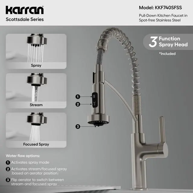 Alt view image 5 of 6 - Scottsdale Commercial-Style Pull-Down Kitchen Faucet, Single Handle High-Arc Design, Dual Interchangeable Spray Heads with 5-Function and 3-Function Options (Spot Free Stainless Steel)