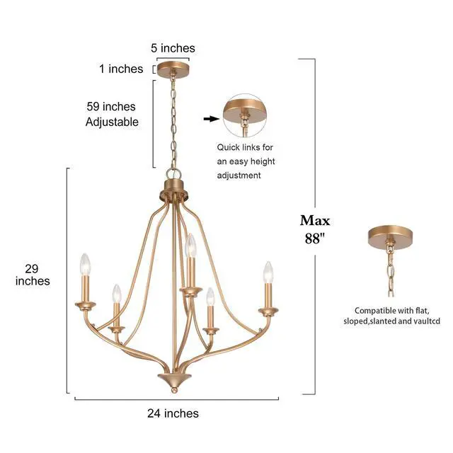 Alt view image 6 of 6 - Gold Chandelier, Dining Room Chandelier, Dining Room Lighting Fixtures Hanging for Living Room, Kitchen, Dark Golden Finish, 24 L x 24 W x 29 H