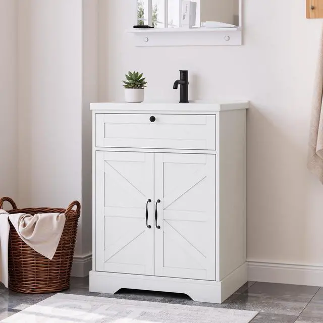 Main image of 23.62 inch Bathroom Vanity with Ceramic Sink, Farmhouse Bathroom Cabinet with Barn Door & Drawer, Freestanding Floor Storage Cabinet with Sink Combo Set, Soft White