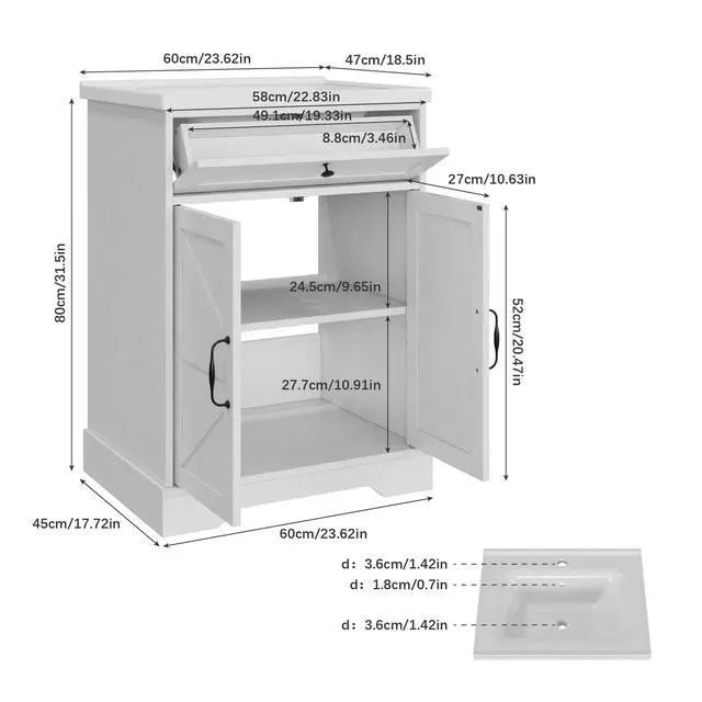 Alt view image 2 of 6 - 23.62 inch Bathroom Vanity with Ceramic Sink, Farmhouse Bathroom Cabinet with Barn Door & Drawer, Freestanding Floor Storage Cabinet with Sink Combo Set, Soft White